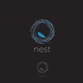 Nest Soft Logo. Comfort emblem. Luxury linen. Bedding logo. Nest with feather on a dark background.