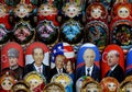 Nested dolls depicting world politicians Vladimir Putin, Donald Trump and Recep Erdogan on the counter of souvenirs in Moscow