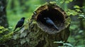 Nesting birds in hollow tree trunk, surrounded by lush greenery, create serene atmosphere in forest Royalty Free Stock Photo