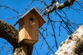Nesting box in the tree on a sunny day. Wooden bird house hanging on the tree branch outdoors Royalty Free Stock Photo
