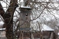 Nesting box on the tree. Winter time. Snowing. Royalty Free Stock Photo