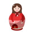 Nesting doll in a colorful drawing red costume with a handbag. Vector illustration in flat cartoon style
