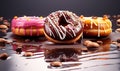 donuts with chocolate glaze and sprinkles on a dark background