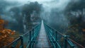 A Veil of Mystery: A Suspension Bridge Emerging from Ethereal Fog Royalty Free Stock Photo