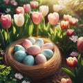 A nest of pastel-colored eggs nestled among blooming tulips in a sun-drenched garden