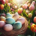 A nest of pastel-colored eggs nestled among blooming tulips in a sun-drenched garden