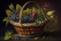 Wicker basket with berries and leaves on a dark background Royalty Free Stock Photo
