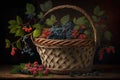 Berries in a wicker basket on a dark wooden background Royalty Free Stock Photo