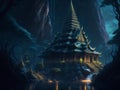 Nestled within the embrace of mountains and trees, a temple stands in serene solitude under the cloak of night, its presence
