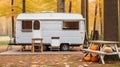 A travel trailer located in an autumn forest.