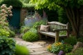 Rustic Bench in Tranquil English Garden: A Close-Up Amid Nature\'s Beauty Royalty Free Stock Photo
