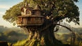 A treehouse nestled high in the branches of a sturdy old tree