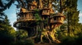 A treehouse nestled high in the branches of a sturdy old tree