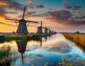 Renowned cluster of windmills located in Kinderdijk, Netherlands.