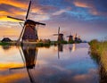 Renowned cluster of windmills located in Kinderdijk, Netherlands.