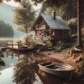 Quaint lake side cabin with boat of water\'s edge