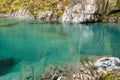 Nestled among thick beech and podocarp forest, these pools of deep, clear water flowing into the Makarora River offer a moment of Royalty Free Stock Photo