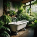 A clawfoot bathtub surrounded by plants in a nature-inspired bathroom