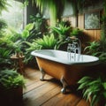 A clawfoot bathtub surrounded by plants in a nature-inspired bathroom