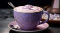 Taro latte in ornate purple cup and saucer