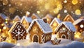 Gingerbread houses snowed in in a yellow and white winter landscape