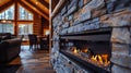 Nestled within a stone feature wall the linear gas fireplace adds rustic charm and warmth to the cozy cabin interior. 2d Royalty Free Stock Photo