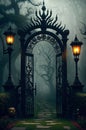 A vintage and spooky gate, leading to dark and mysterious garden.