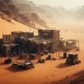 Desert outpost in a harsh, unforgiving environment, with makeshift buildings and scavenged technology