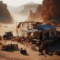 Desert outpost in a harsh, unforgiving environment, with makeshift buildings and scavenged technology