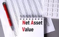 NET ASSET VALUE text on notebook with pen, calculator and chart on grey background Royalty Free Stock Photo