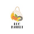 Net bag with food, organic farm product set in recycle bag. Grocery delivery concept. Vector stock illustration isolated Royalty Free Stock Photo