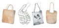 Net, paper and cotton shopping bags with grocery isolated on white background. Watercolor set of reusable eco package