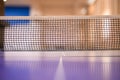 The net of the ping pong table. The net is placed in the center of the table, thus dividing the table in to two equal parts.