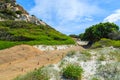 Net on sand dune protecting sea plants, Porto Giunco beach on coast of Sardinia island, Italy