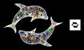 Net Web Mesh Dolphin Pair Icon with Multi Colored Glitter Dots