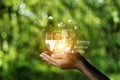 net zero concept. Hand holding with net zero icon on blur green leaf. carbon neutral and green natural background  on with clean Royalty Free Stock Photo