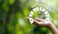 net zero 2050 emissions icon concept in hand for the environment policy animation concept illustration Green renewable energy Royalty Free Stock Photo