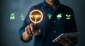 Net Zero Initiative Man Points at Renewable Energy Icons on Screen Displaying Carbon Neutral Concept Royalty Free Stock Photo