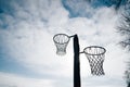 Netball goal ring and net against a blue sky and clouds at Hagley park, Christchurch, New zealand