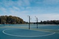 Netball goal ring and net against a blue sky and clouds at Hagley park, Christchurch, New zealand