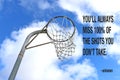 Netball goal ring and net against a blue sky and white clouds with a quote Royalty Free Stock Photo