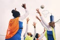 Netball, goal shooting and fitness of a girl athlete group on an outdoor sports court. Aim, sport game and match