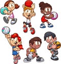 Cartoon boys and girls playing netball