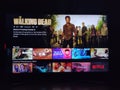 Netflix app on tv screen playing and the `The Walking Dead` series logo behind. Royalty Free Stock Photo