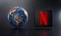 Netflix Logo Beside Earth 3D Rendering. Top Apps Concept