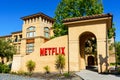 Netflix logo, sign at the main entrance to the Netflix headquarters in Silicon Valley