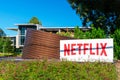 Netflix logo, sign at the entrance to the Netflix headquarters in Silicon Valley