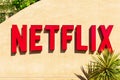 Netflix logo, sign at the main entrance to the Netflix headquarters in Silicon Valley