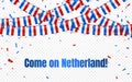 Netherland flags garland on transparent background with confetti. Hang bunting for independence Day celebration template banner, V