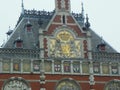 Netherlands, Amsterdam, Stationsplein, Amsterdam Centraal Station, top of the building and pediment